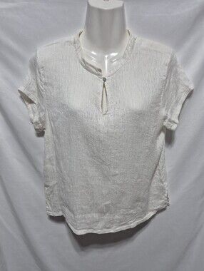Eileen Fisher Linen Cotton Top L White Italian Fabric Keyhole Minimalist